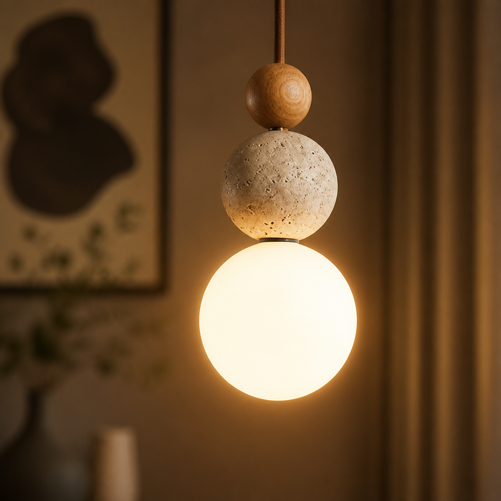 Japandi Stone & Wood LED Chandelier - Image 4